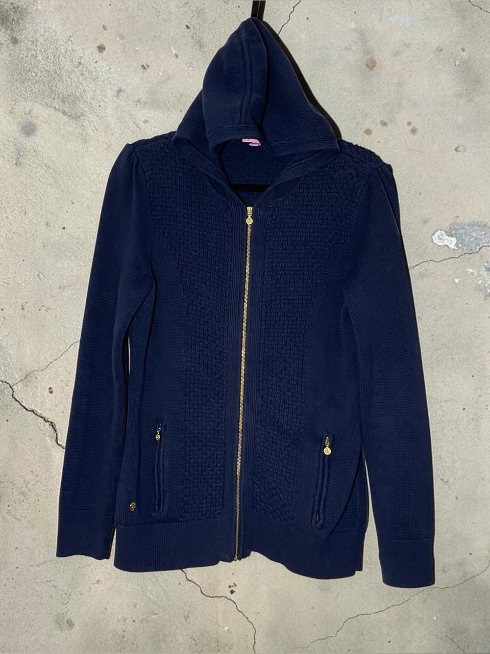 Lilly Pulitzer Hoodie Sweater Navy Blue Cotton Full Zip Knit Preppy Large